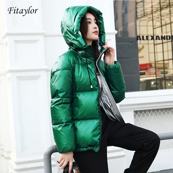 

Fitaylor New Winter Women Thickness Warm Loose Short Down Coat Hooded Zipper Casual Long Sleeve Silver Blue Parkas Snow Outwear