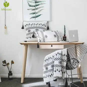 

New Knitted Blanket Throws and Pillow Backrest Case Nordic Soft Simple Black White Tassel Blanket Without Core Home Decoration