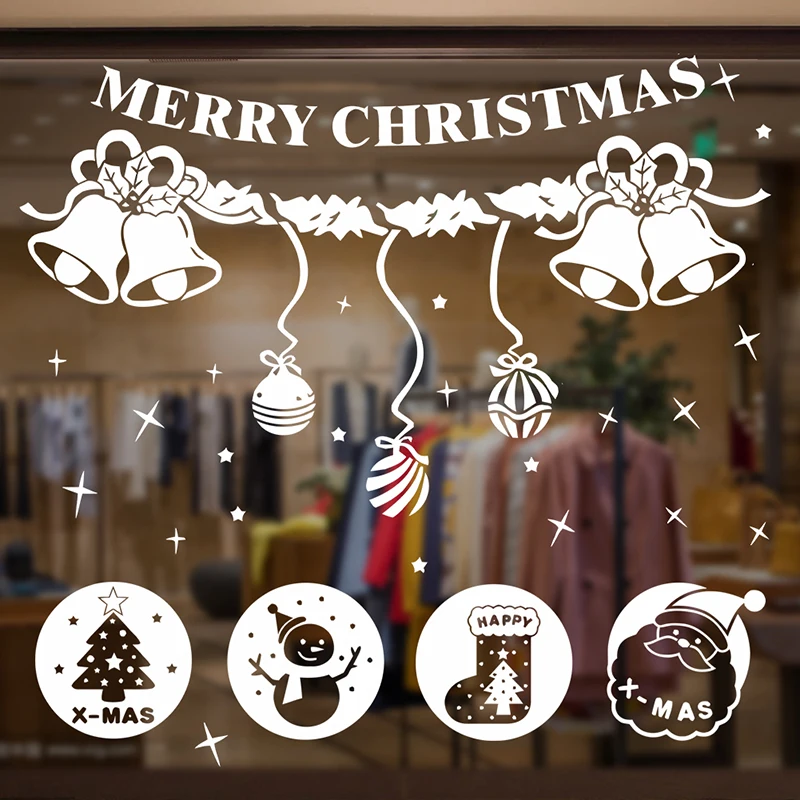 9 style Merry Christmas Tree Wall Stickers Snowman Santa Claus For Home Decor Snowflake Bell Shop Window DIY Vinyl Decor Mural