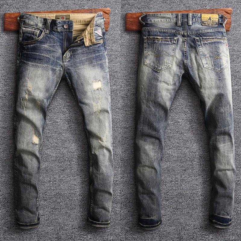 Italian Vintage Designer Men Jeans High Quality Retro Wash Destroyed Pants Ripped Jeans Men Streetwear Slim Fit Hip Hop Jeans