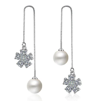 

100% 925 Sterling Silver Elegant Shine Snowflake CZ Zircon Pearl Flower Ladies Long Tassel Stud Earrings Jewelry Women Gift