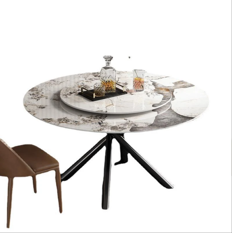 

Bright rock slab round dining table chair combination home built-in turntable designer high-end villa restaurant round table