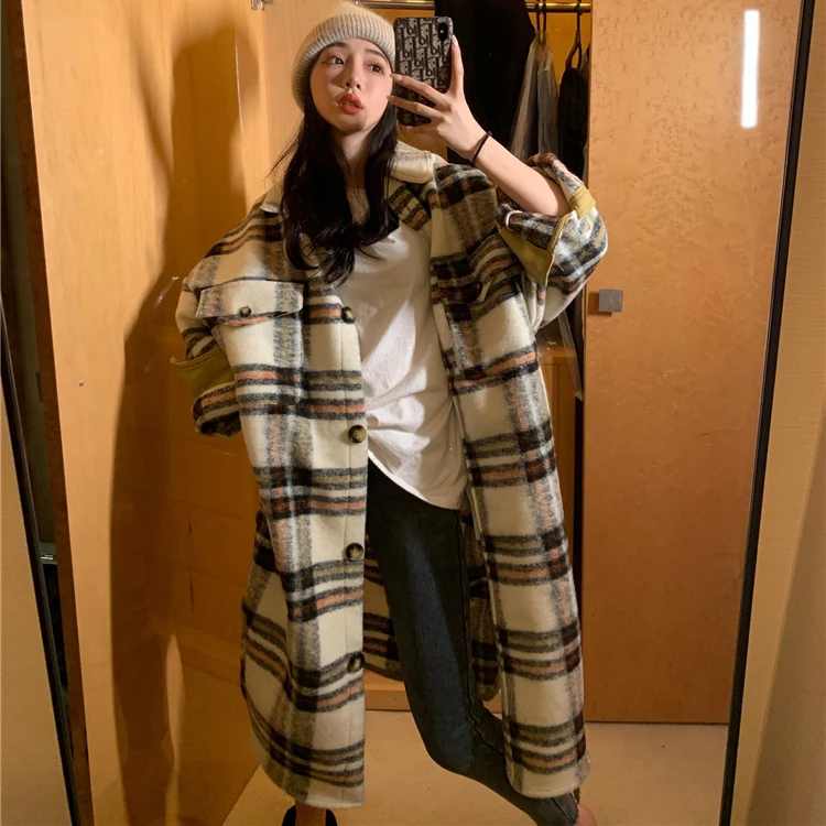 

2020 Spring Turn Down Collar Women Woolen Coat Plaid Elegant Thick Women Wool Jacket Women Oversized Long Coat Casaco Feminino