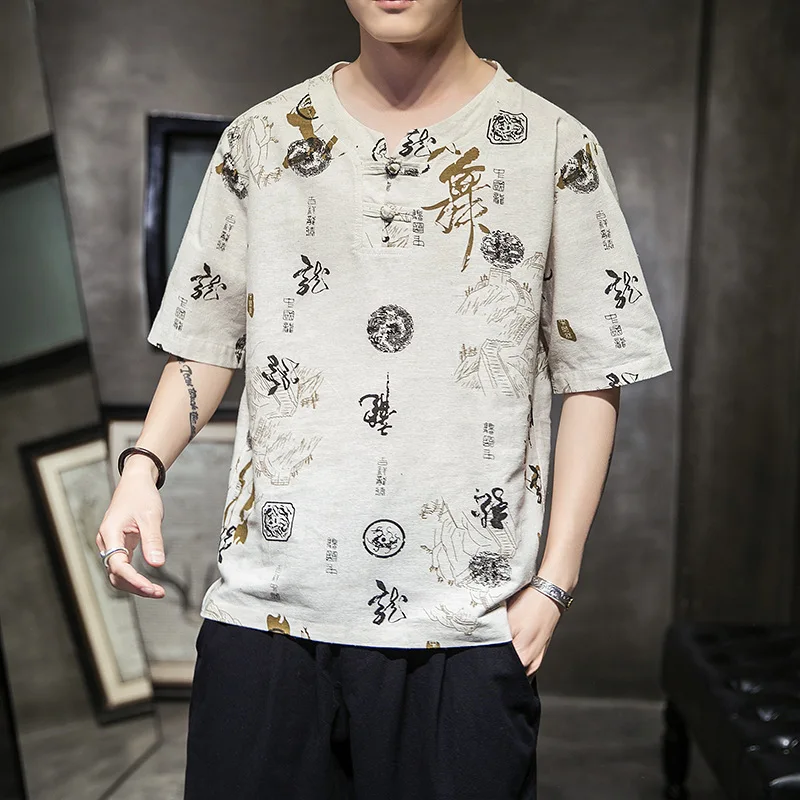 Традиционный китайский стиль Мужская рубашка с хлопком с цветным Ретро принтом топы летние с коротким рукавом восточные повседневные Костюмы кунг-фу - Цвет: Color1
