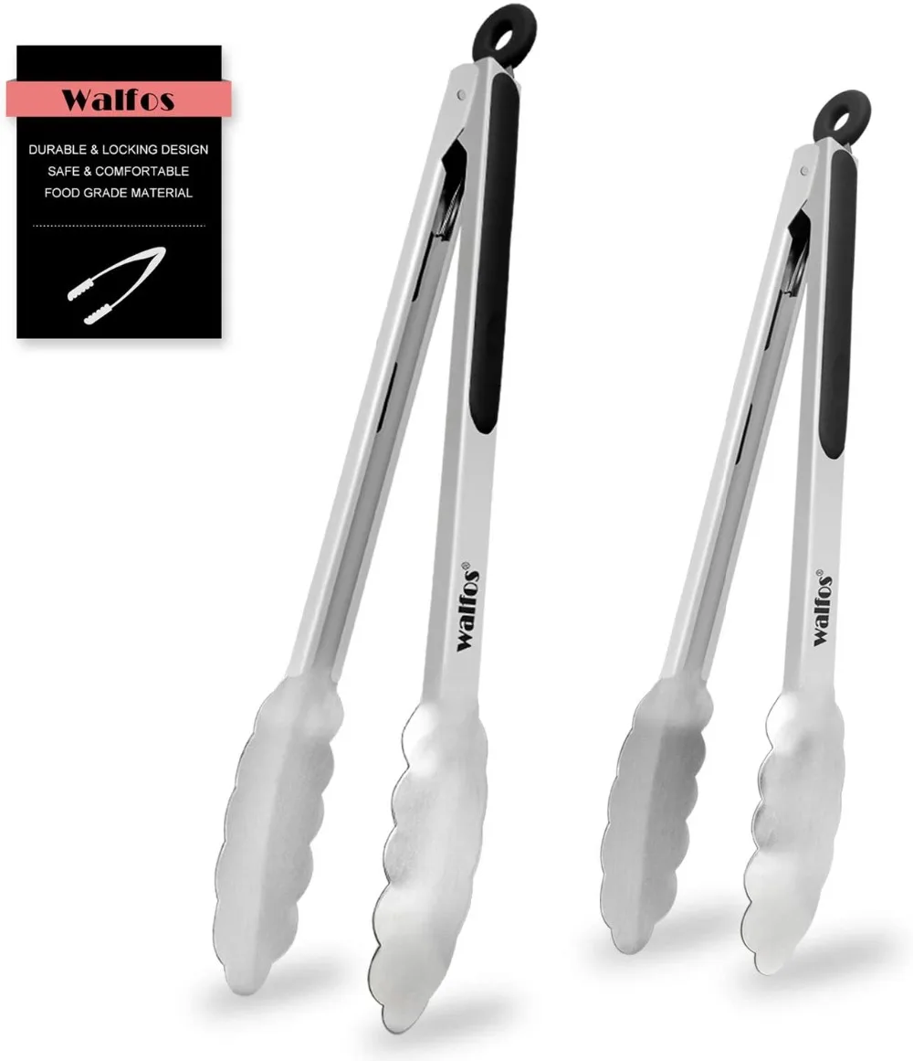 Stainless Steel Tongs WALFOS Extra Long Stainless Steel BBQ Tongs Salad Food Clips Bread Pasta Serving Tongs Non-Stick Kitchen Cooking Tools Stainless Steel Food Tongs Cooking Tools Kitchen Tool