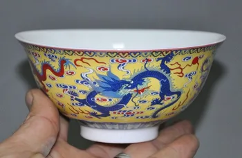 

christmas 5" Old Chinese dynasty palace yellow glaze Wucai porcelain Dragon Tea cup Bowl New Year