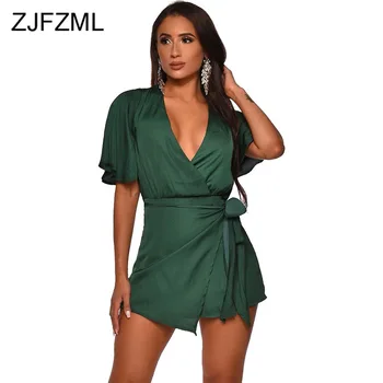 

Hollow Out Back Draped Slim Fit Playsuit For Women Half Sleeve Deep V Neck Sashes Jumpsuits Sexy Package Hip One Piece Bodysuit