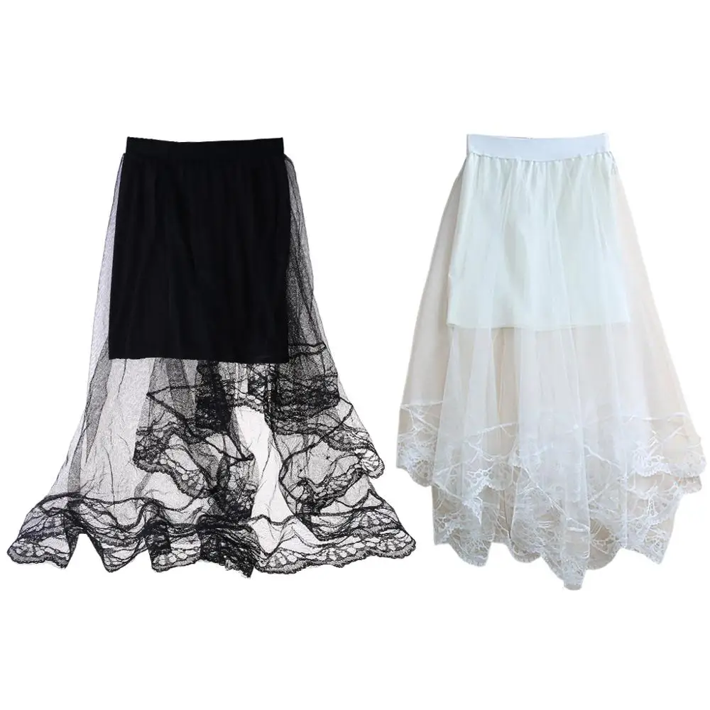 

Women High Waist Scalloped Lace Trim Midi Long Skirt Lined Solid Color Irregular Hem Pleated Double Layer Sheer Mesh Party