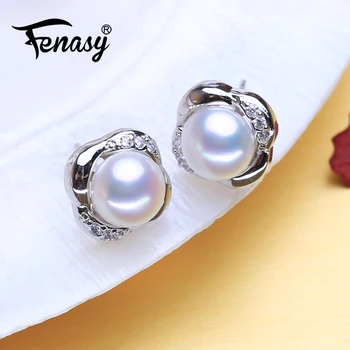 

FENASY Natural Freshwater Pearl Earrings Pearl Jewelry 925 Sterling Silver Shell Shape Stud Earrings For Women With Gift Box