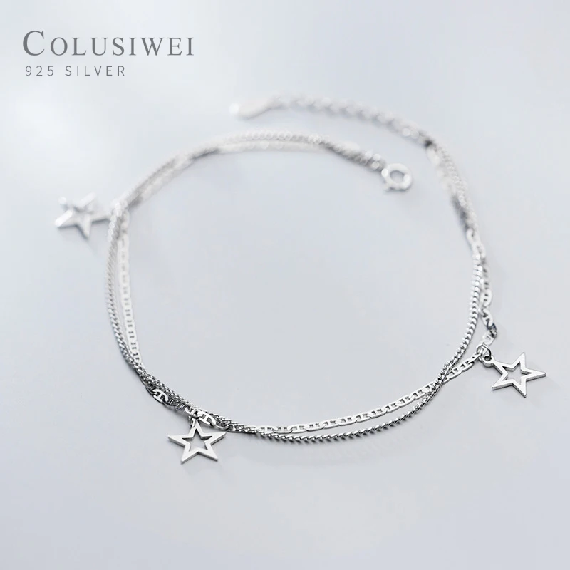 COLUSIWEI Real 925 Sterling Silver Double Layer Stars Anklet for Women Simple Leg Link Chain Korea Style Fine Jewelry 2020 NEW COLUSIWEI Real 925 Sterling Silver Double Layer Stars Anklet for Women Simple Leg Link Chain Korea Style Fine Jewelry 2020 NEW