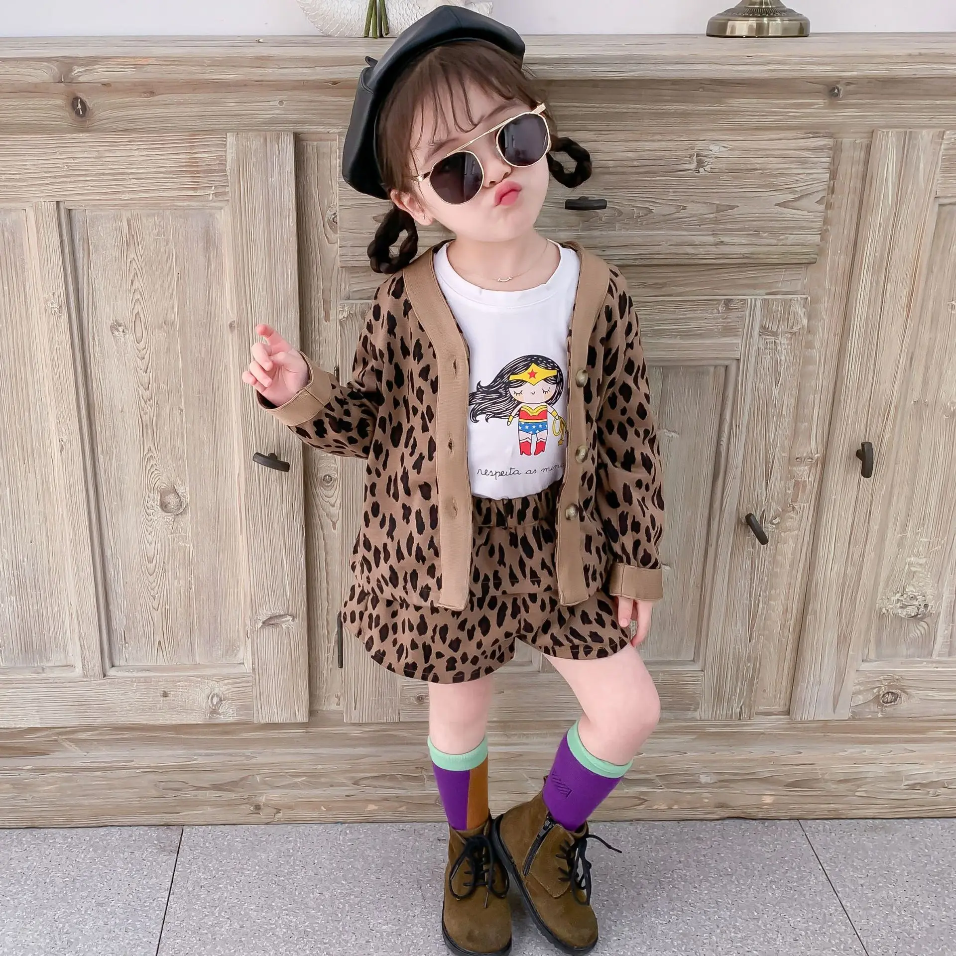 Модная одежда для маленьких девочек осень зима наряд для детей эксклюзивный леопардовый кардиган с вязанными штанами комплект одежды для маленьких девочек