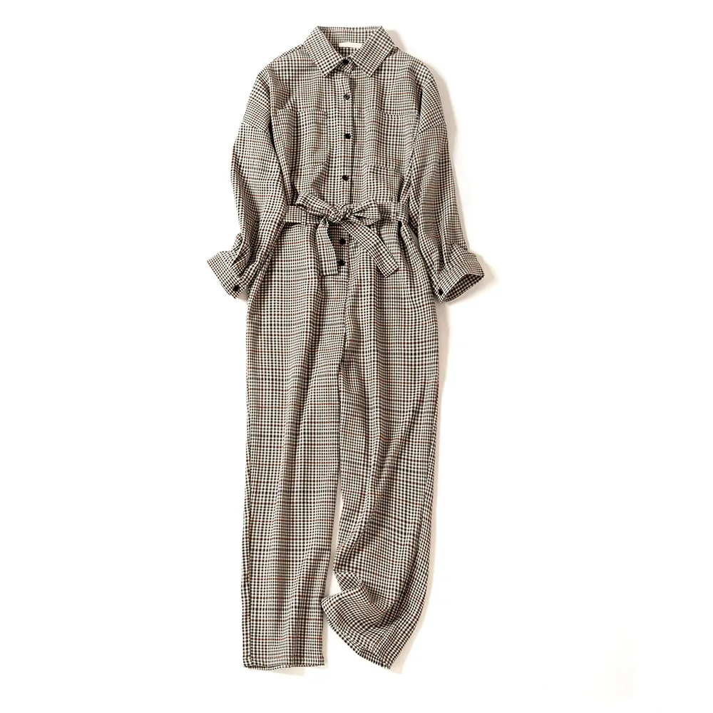 

Autumn 2019 Belt Slim Plaid Jumpsuit Women Turn Down Collar Batwing Sleeve One Piece Pant Clothes Stylish Brown Womens Jumpsuits