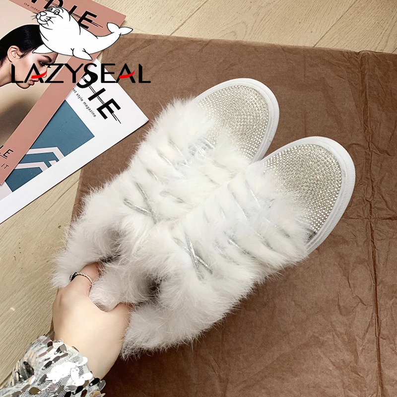 LazySeal/зимние блестящие туфли с кристаллами Женские лоферы на плоской подошве