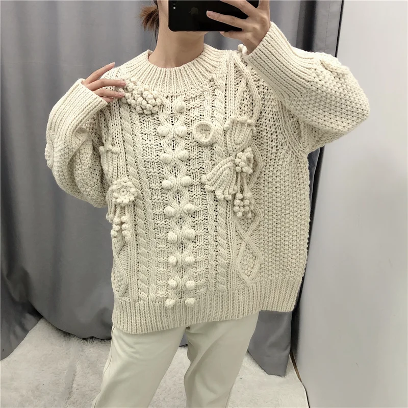 OMIKRON New Winter O-Neck Appliques Sweater Women Long Sleeve Knitwear Lady Casual Ruffle Pullover Top Streetwear Dropshipping | Женская