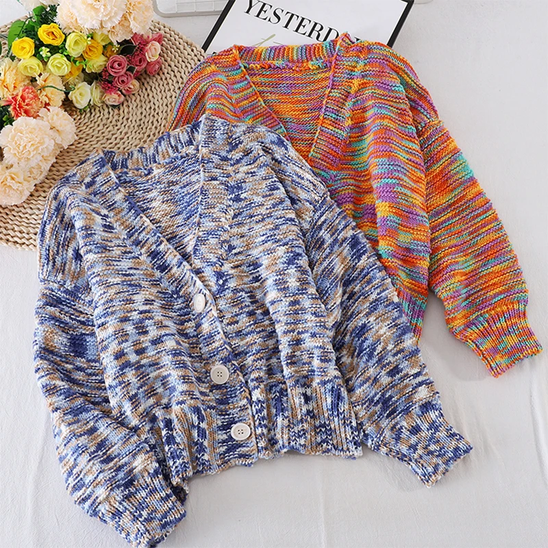 

Korean Style Multicolor Sweater Coat Women Autumn Winter V Neck Oversize Loose Short Knitted Cardigan Jacket Rainbow Knitwear