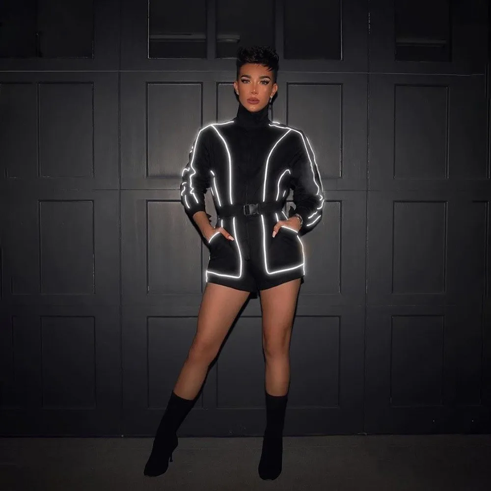 

Nice Reflective Lines Patchwork Rompers Womens Skinny Long Sleeve Cargo Bodysuit Casual Fashion Zipper Sashes Jumpsuit
