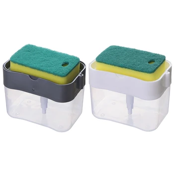 

2-in-1 Double Layer Sponge Box With Soap Dispenser Kitchen Plastic Automatic Sponge Scrubber Holder Case Detergent Storage Box