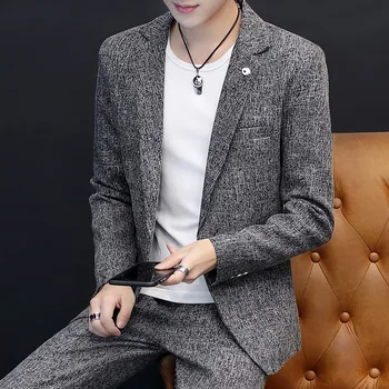 

2020 Men Spring Solid Color Suit Youth Slim Fit Handsome Single-Button Suit Two Pieces