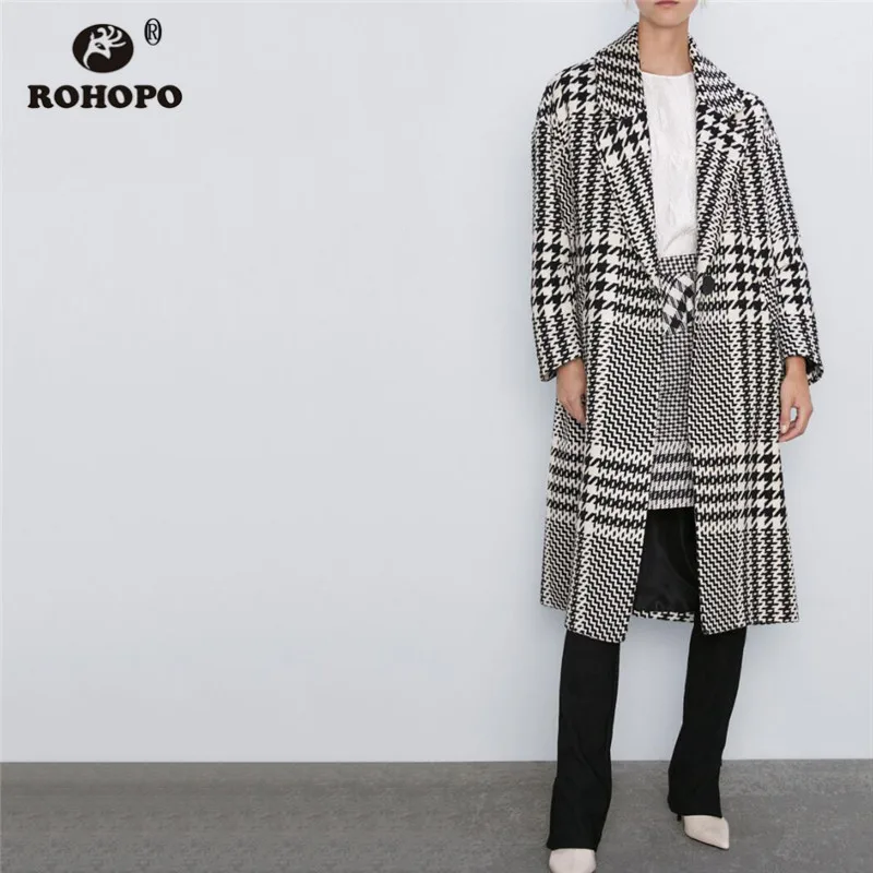 

ROHOPO Long Sleeve Houndstooth Winter Blend Midi Coat Notched Collar Single Buttons Welted Pockets British Winter Overcoat #9298