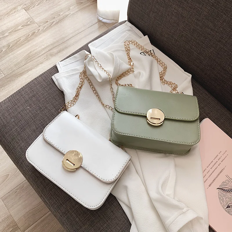 

2019 New Style Korean-style Simple Solid Color Women's Pu Chain Lock Shoulder Bag Oblique Bag Square Sling Bag WOMEN'S Bag