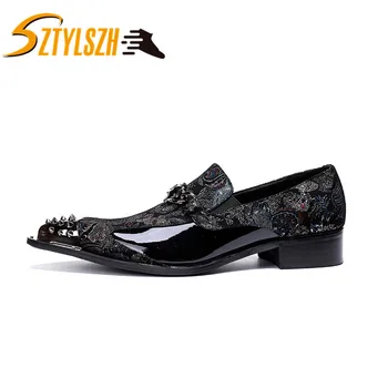 

New Men Dress Genuine Leather Shoes Slip On Fashion Male Formal Oxford Rivets printing Wedding Shoes Flats Pointed Toe shoes