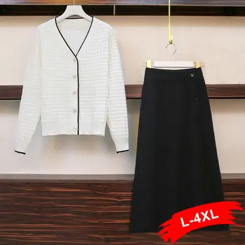 

Plus Size Check Plaid Thin Knitting Cardigan+a-line Skirts 2 Pieces Sets 4XL Spring Fall Elegant All-match Big Swing Skirt Suits