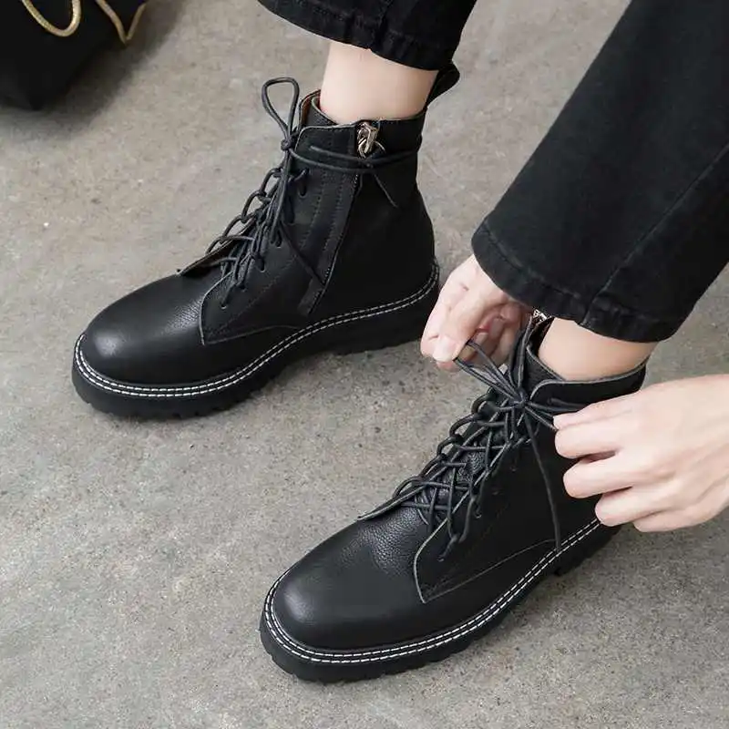 krazing pot hot preppy style breathable cow suede leather round toe med heels winter women lace up fashion solid ankle boots L18