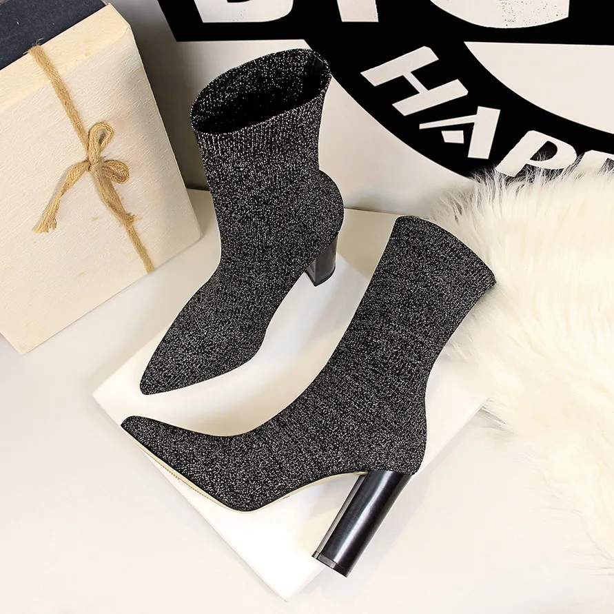 

Metal Square Heel Retro Female Boots 2022 Autumn Stretch Knitting Pointed Toe Women Boots High Heels Black Office Sexy Sock Boot