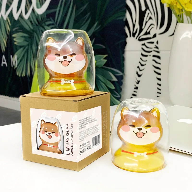 

1 Pcs Cute Shiba Inu Heat Double Glass Home Office Coffee Cup Personalized Breakfast Milk Cup Pet Cup Children Cup 220ml