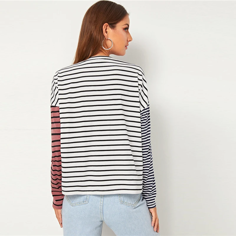 SHEIN полосатый принт Падение плеча карман спереди Повседневная футболка Женские топы осень уличная одежда с длинным рукавом Colorblock tee Tops