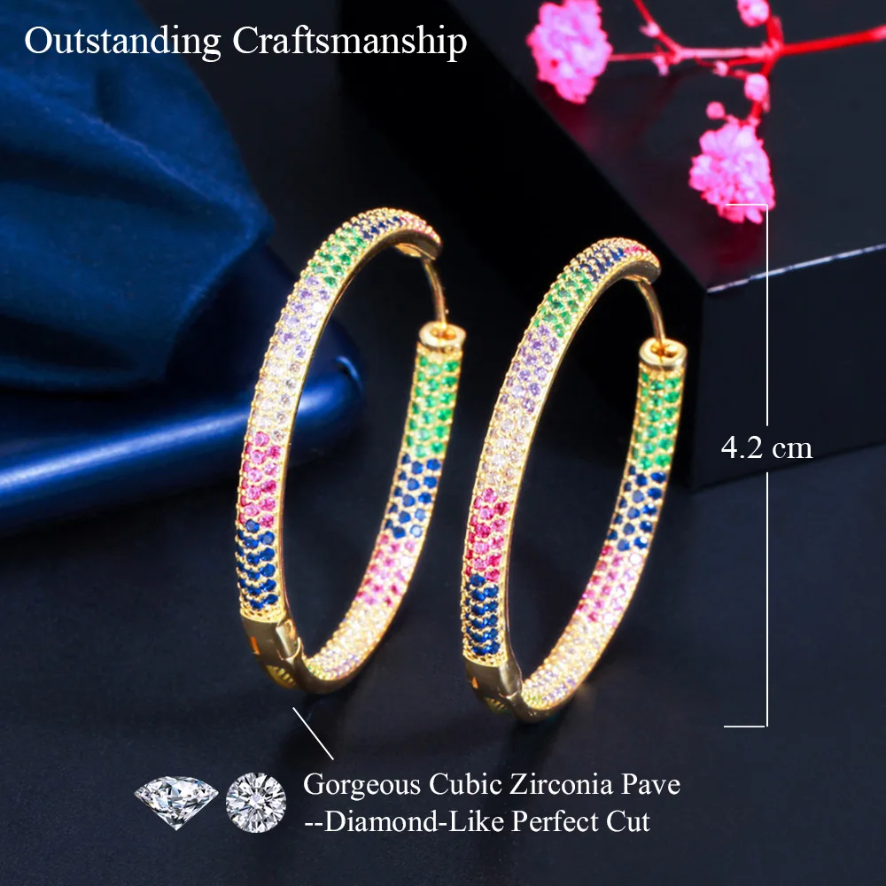 Pera Brand Designer Micro Multicolor Cubic Zirconia Paved Big Circle Gold Color Hoop Earring for Women Chic Wedding Jewelry E692