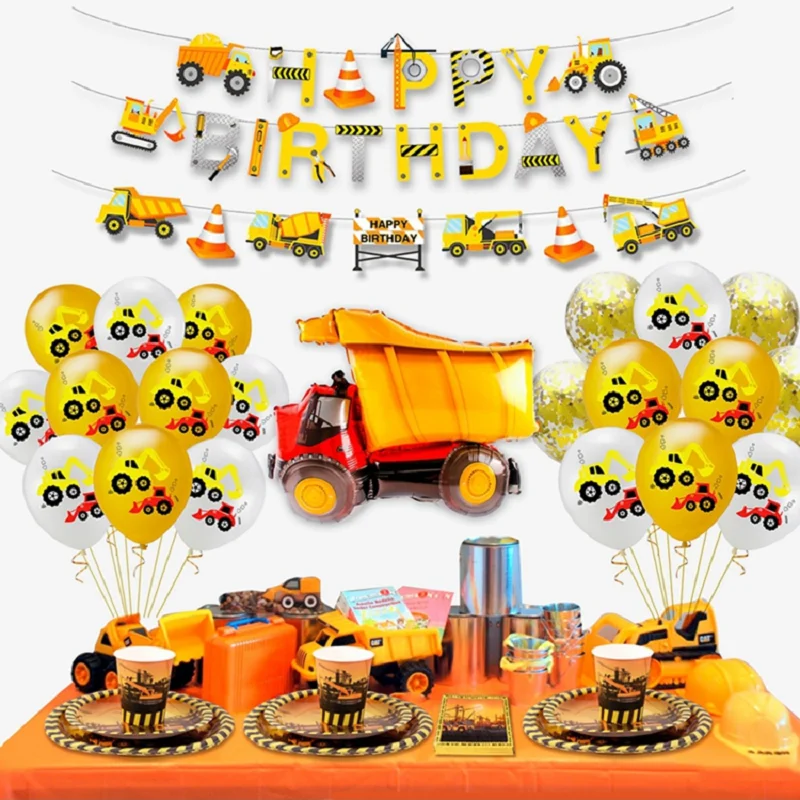 

Excavator Vehicle Birthday Balloons Truck Cake Topper Happy Birthday Banner Construction Birthday Party Decor Kids Baby Shower