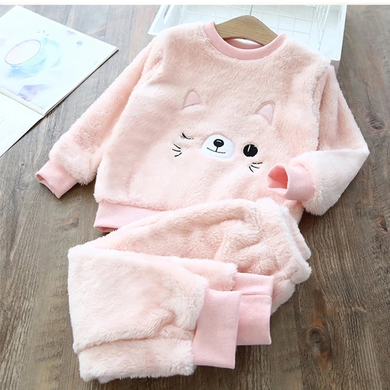 Autumn Winter Kid Flannel Pajamas For Children Plus Velvet Thicken Pajamas Warm Leisure Homewear Boys Set Cute Girls Clothes Set