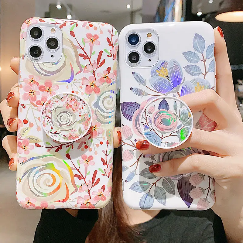 Flower Leaves Phone Case For iPhone 6S 6 7 8 Plus XR X XS 11 Pro Max Folding Stand Ring Hold IMD Silicone Back Cover Coque | Мобильные
