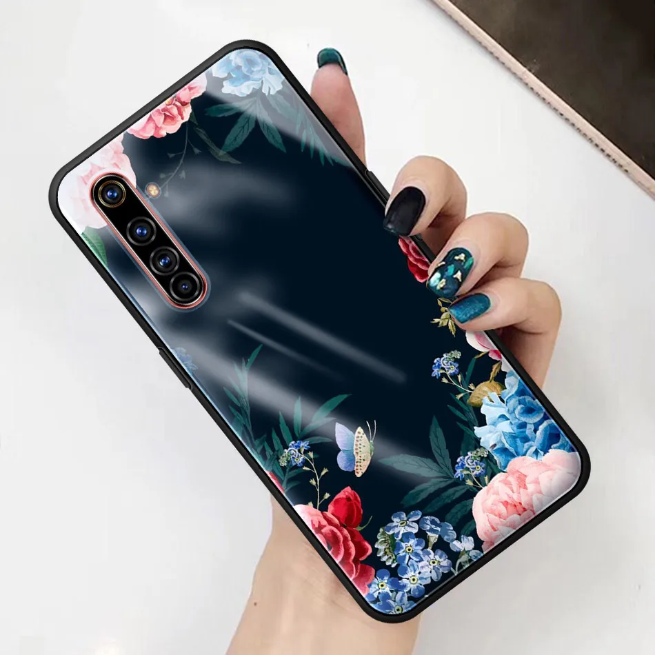 Чехол с цветами и розовыми стеклами для Realme 5 6 Pro XT C3 Oppo A52 A9 2020 Find X2Lite чехлы мягкими