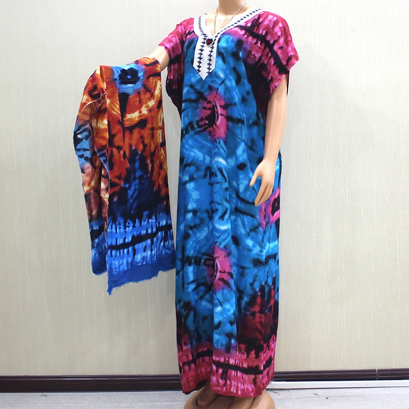 Dashikiage чудесный красивый принт хлопок аппликации африканские Дашики платья для женщин с шарфом - Цвет: Фуксия