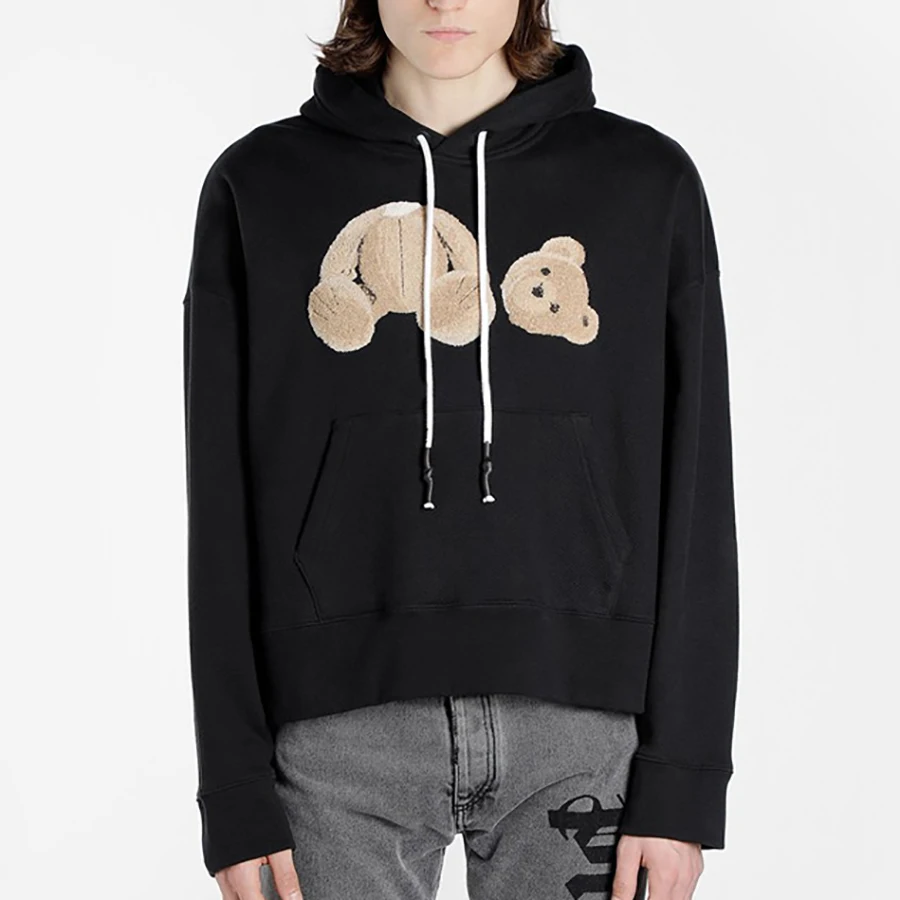 

2019 Autumn New Arrive 3 Color Women Hoodies Bear Pattern Hooded Sweet Sweatshirts Flocking Drawstring Casual Pullover Top