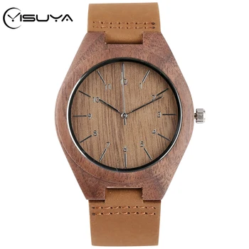 

YISUYA Simple Designer Walnut Wood Coffee Quartz Watch Men's Watches Arabic Numerals Round Dial Leather Wristwatches Men reloj