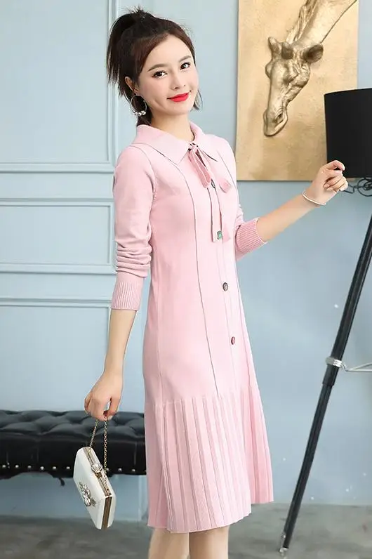Bowknot Women Knit Dress Turn Down Pleated Hem Midi Knit Dress Korean Sweet Elegant Slimming Autumn Winter Women Dress