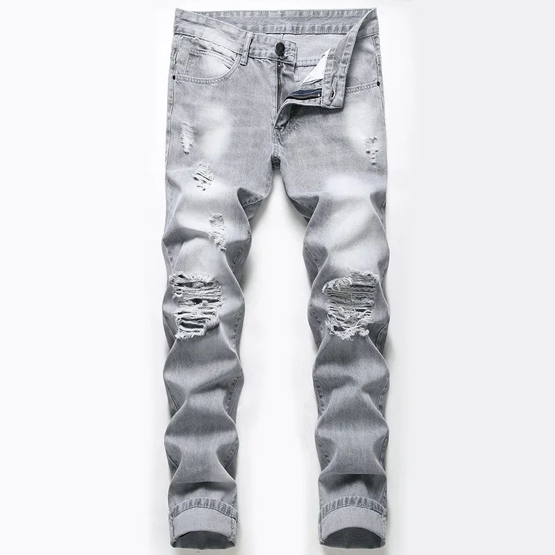 

Men's Fashion Shredded Hip-hop Jeans Zipper Skinny Trousers MaleHigh-Quality Cotton Long Destroyed Torn Holes Knee Denim Pants