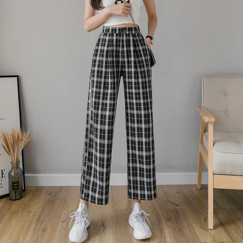 Vintage Plaid Pants Elastic Waist Pants Women High Waist Wide Leg Pant Casual Trousers Women Plus Size