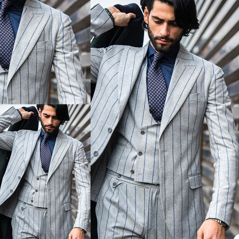 

3 Pieces Tailor-Made Costume Homme Stripes Business Men Suits Plaid Tuxedo Coat Double Breasted Groom Wedding Formal Tailored