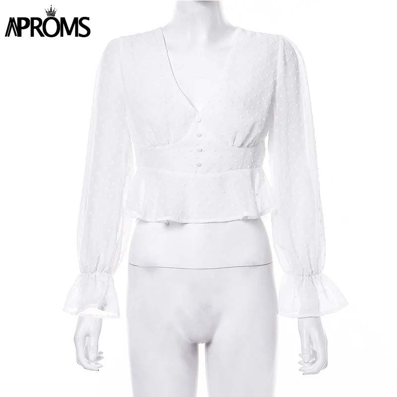 Aproms Элегантная укороченная блузка с v-образным вырезом и рюшами Женская белая шифоновая рубашка в горошек на пуговицах Женские топы с рукавом-фонариком