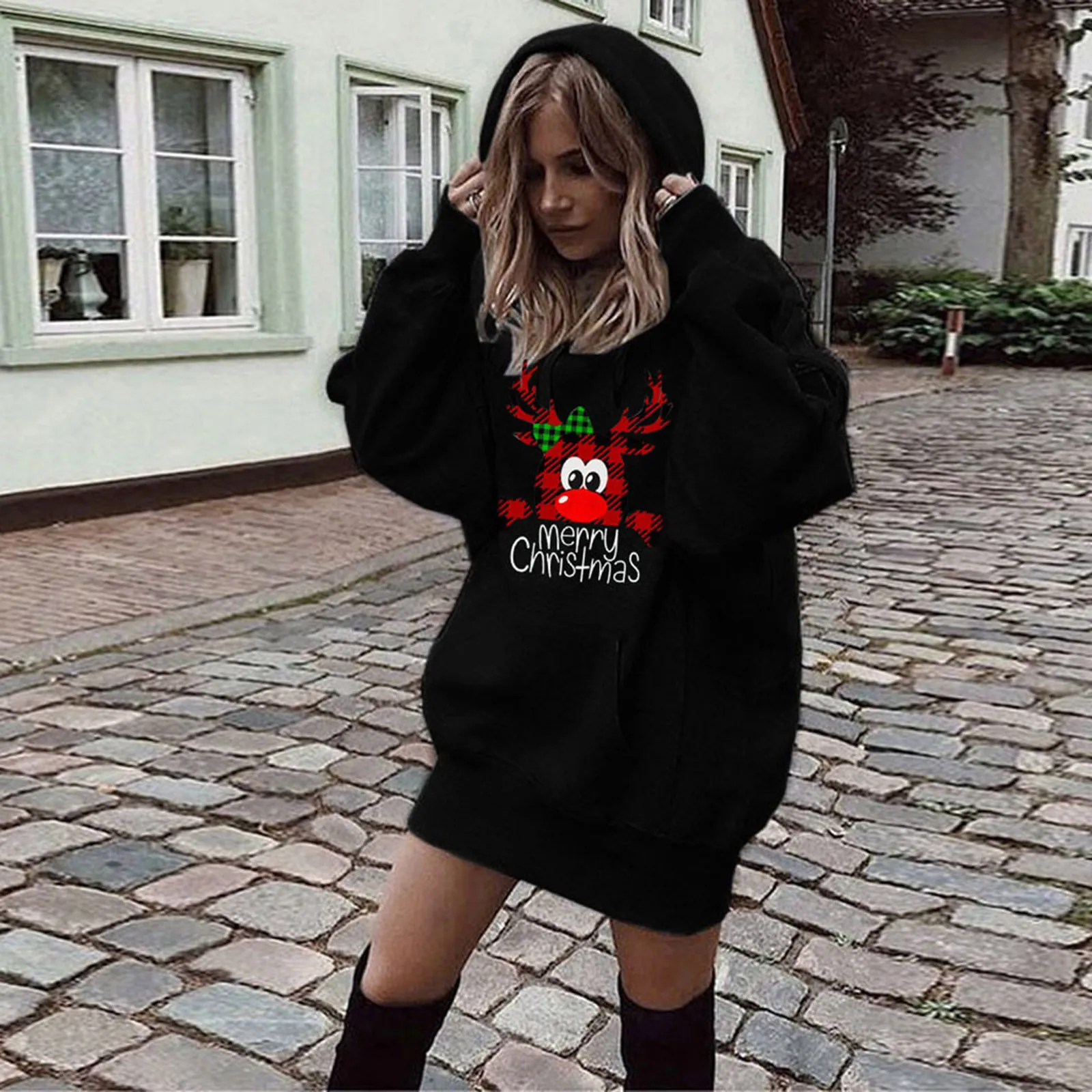 Merry Christmas Women's Hoodie Dress Casual Long-sleeved Pocket Pullover Hooded Sweatshirt Top Oversized Korea Clothes sudaderas 1