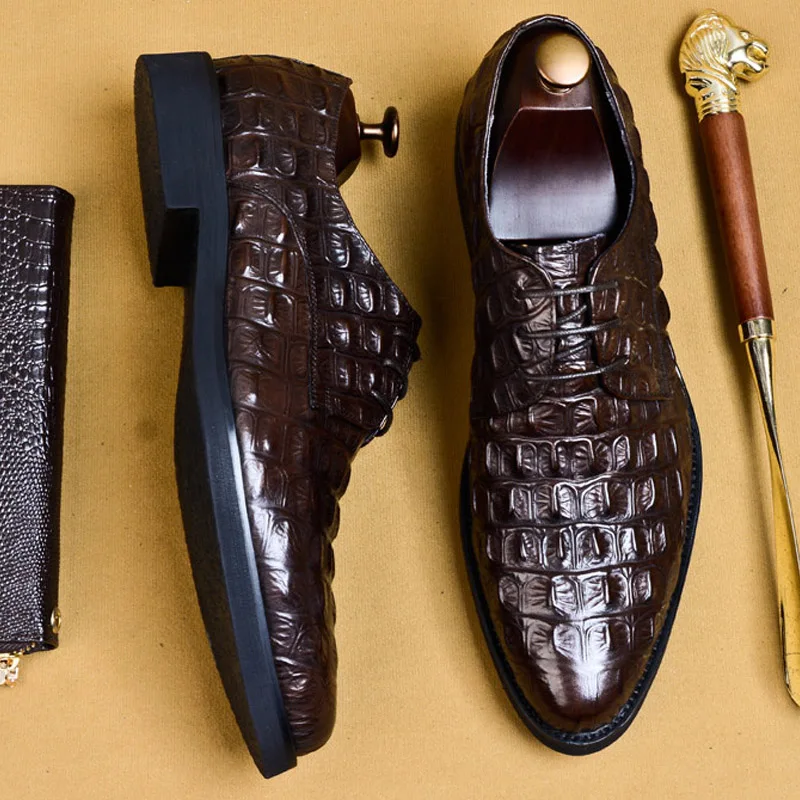 

Men Wedding Shoes Genuine Cow Leather Formal Business Pointed Toe For Man Dress Shoes Crocodile Pattern Men's Oxford Flats EU 46