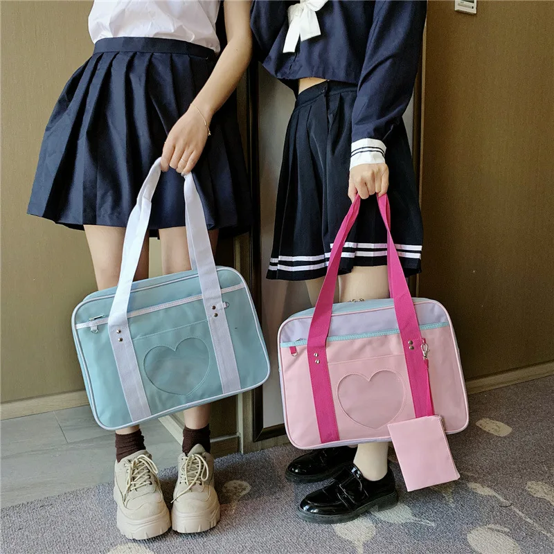 

Japanese-style Peach Heart Transparent Anime JK Uniform Bag Casual One-Shoulder Canvas Cute Cartoon Backpack Soft Girl Second El