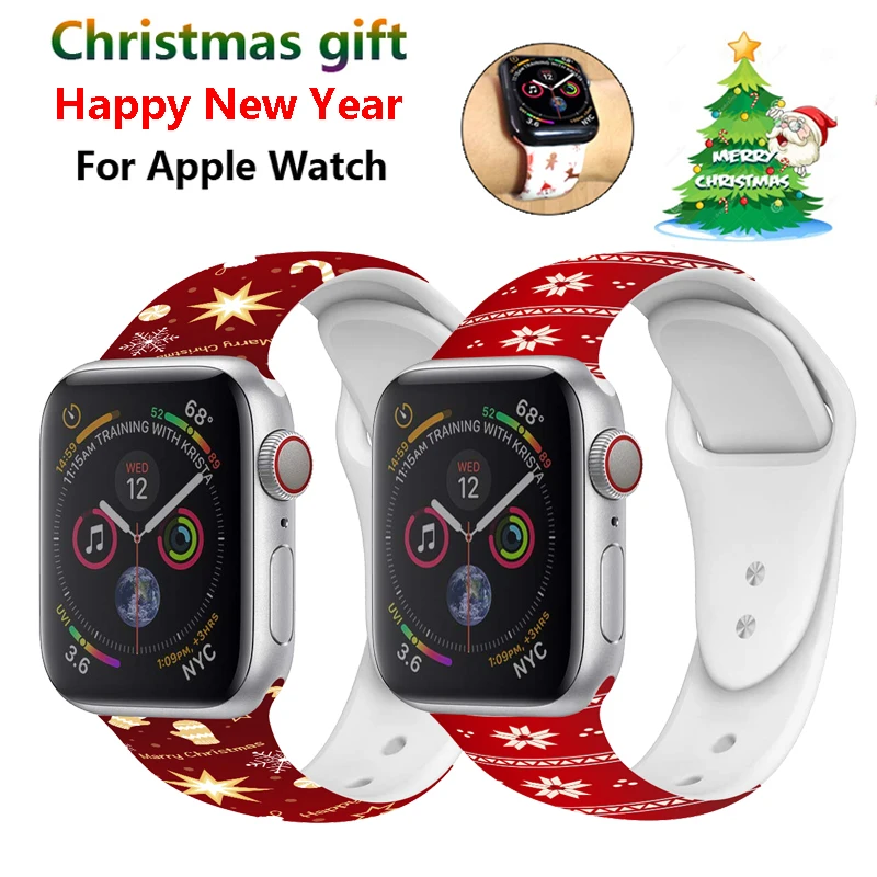 

watchband Gift band for Apple Watch series 5 3 2 1 new year printed Silicone strap for iWatch 4 Christmas wrist 40 44 38 42 mm