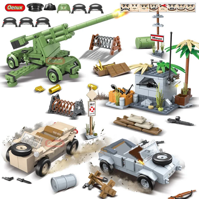 Oenux 858PCS WW2 Military Vehicle VW166 Amphibious Vehicle Typ 82 Kubelwagen Building Block Brick Military Soldier Figures Toy