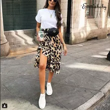 Модная женская сексуальная леопардовая юбка с высокой талией, асимметричная юбка с разрезом, вечерние юбки средней длины для пляжа