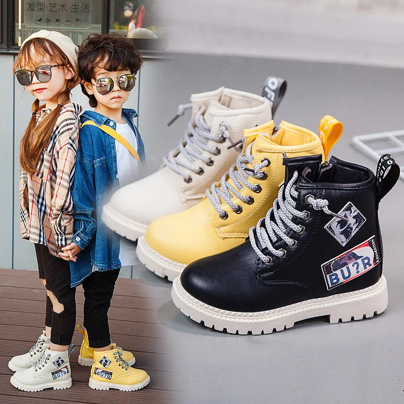 

Children Casual Boots Spring Autumn Winter Martin Ankle Lace-up Boots PU Leather Soft Antislip Plus Velvet Single Comfort Shoes